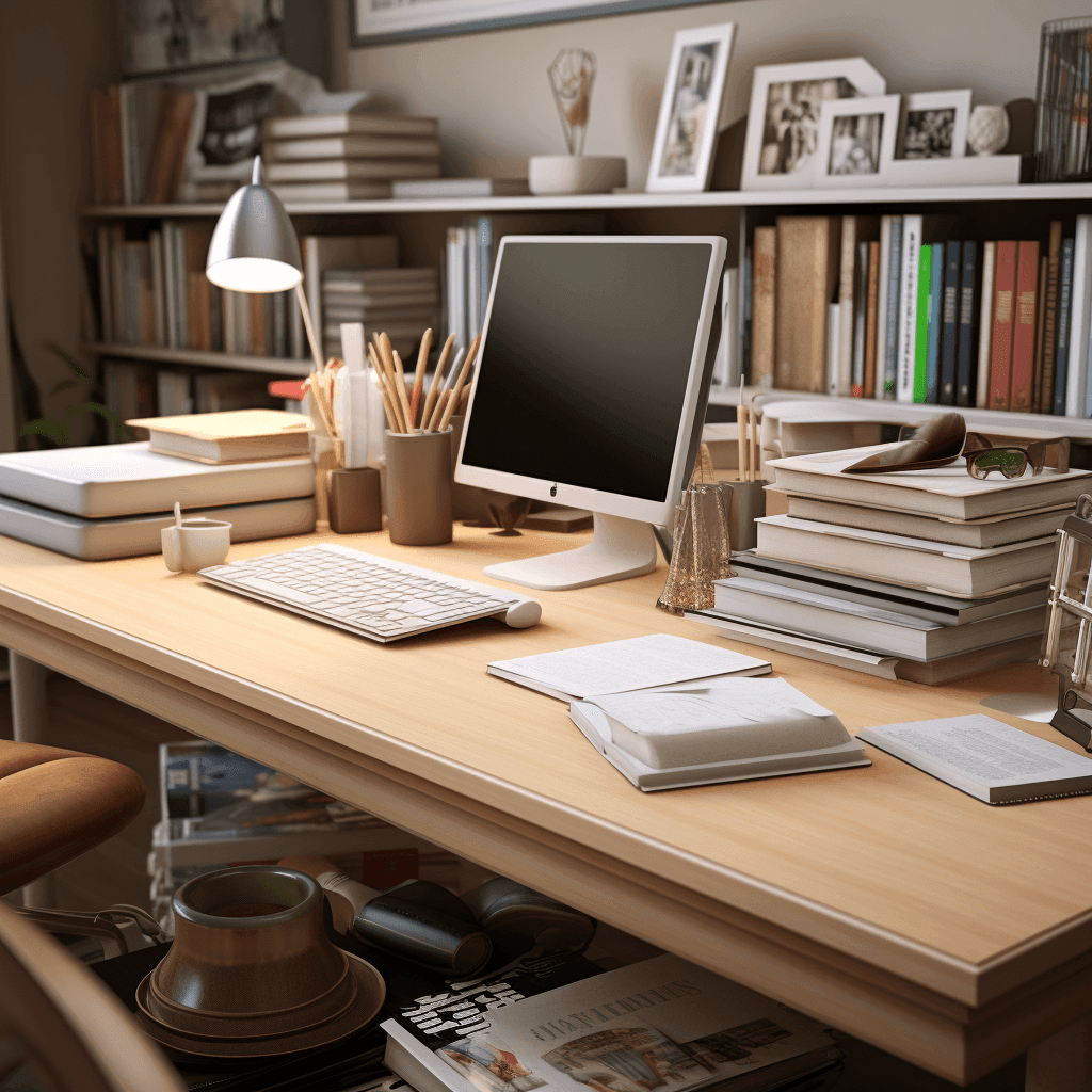 a tidy desk with a computer and learning books on